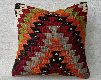 16x16 Pillow Case, Anatolian Kilim Pillow, Bohemian Pillow,Handmade Kilim Lumbar, Sofa Throw Pillow, Kilim Cushion Cover, Home Decor P400