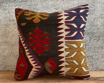 Vintage Turkish Kilim Pillow 16''x16'' Decorative Pillow Cover 40x40 cm Kilim Cushion Handwoven Wool Outdoor Kilim Rug Pillow No:0767