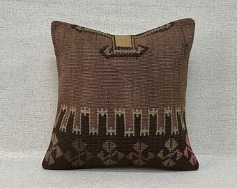 Ethnic Kilim Pillow, 16x16 Turkish Kilim Pillow, Kilim Pillow Case, Throw Pillow, Boho Pillow, Kilim Cushion Cover, Sofa Pillow No:6656