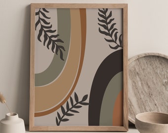 Cartel de mediados de siglo, arte geométrico de la pared, impresión de arte boho, arte de pared botánico imprimible, arte sobre la cama, arte de pared de moda, impresión de arte abstracto