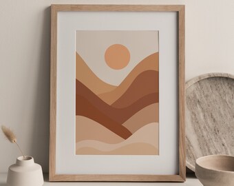 Boho Mountain Landscape Print, Mid Century Modern Sun (Digital Download)
