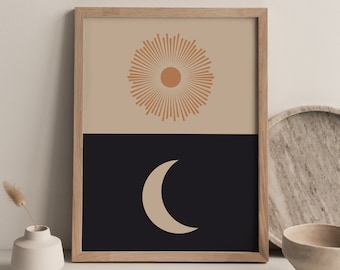 Boho Słońce i Księżyc, wydruk artystyczny, styl Mid Century Modern (pobranie cyfrowe)