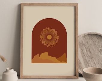 Boho Mountain Sun Art Print, Mid-Century Modern (Digital Download)