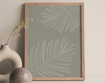 Arte de pared de hoja de palma, impresión verde salvia, palmera abstracta, arte sobre la cama, arte de pared de moda del baño, arte de pared imprimible botánico tropical