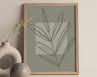 Sage green printable art, Abstract leaf, Sage green print, Above bed decor, Trendy wall art, Botanical line art, Boho poster