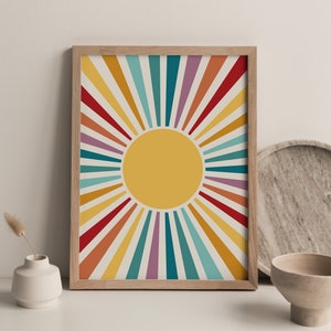 Cartel del sol, impresión retro del resplandor solar, decoración de la habitación independiente, arte de pared de moda imprimible, decoración del vivero boho, impresión abstracta del arte del sol, arte sobre la cama imagen 1