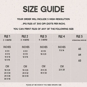 May include: A size guide chart with the title "SIZE GUIDE". The chart lists print sizes in inches and centimetres, including 6x9 inches, 8x12 inches, 10x15 inches, 12x18 inches, and their corresponding cm measurements.