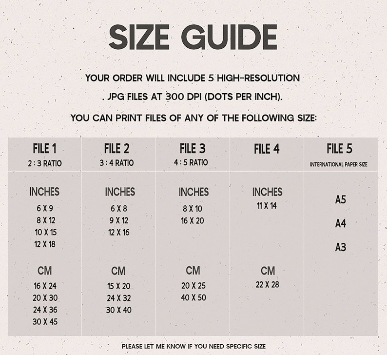 May include: A size guide chart with the title "SIZE GUIDE". The chart lists print sizes in inches and centimetres, including 6x9 inches, 8x12 inches, 10x15 inches, 12x18 inches, and their corresponding cm measurements.