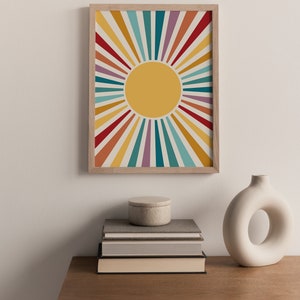 Cartel del sol, impresión retro del resplandor solar, decoración de la habitación independiente, arte de pared de moda imprimible, decoración del vivero boho, impresión abstracta del arte del sol, arte sobre la cama imagen 6
