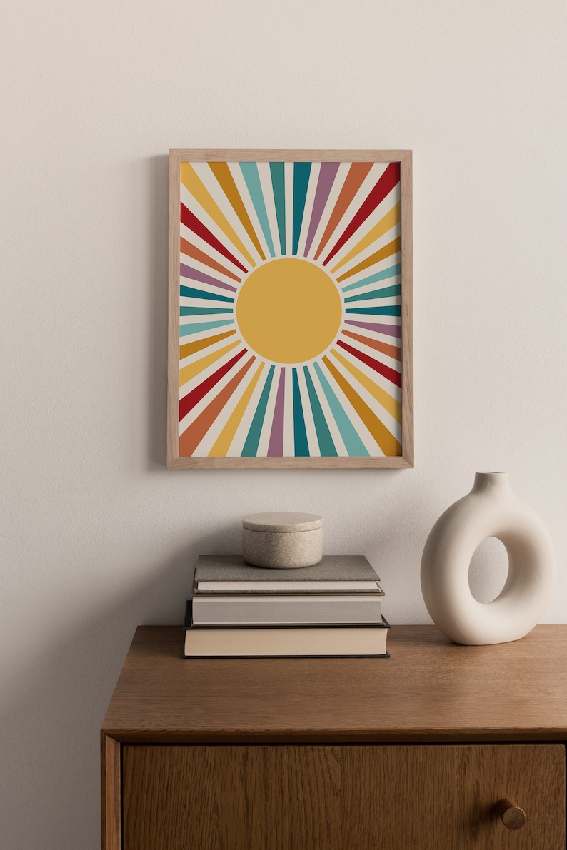 Cartel del sol, impresión retro del resplandor solar, decoración de la habitación independiente, arte de pared de moda imprimible, decoración del vivero boho, impresión abstracta del arte del sol, arte sobre la cama imagen 6