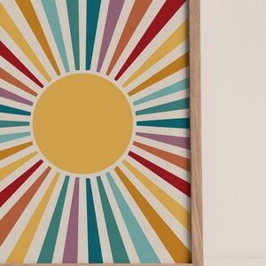 Cartel del sol, impresión retro del resplandor solar, decoración de la habitación independiente, arte de pared de moda imprimible, decoración del vivero boho, impresión abstracta del arte del sol, arte sobre la cama imagen 2