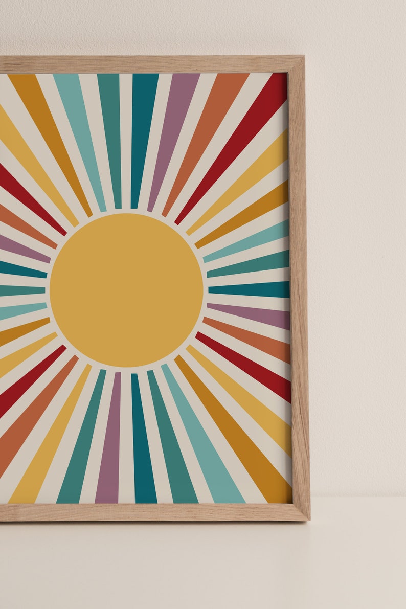 Cartel del sol, impresión retro del resplandor solar, decoración de la habitación independiente, arte de pared de moda imprimible, decoración del vivero boho, impresión abstracta del arte del sol, arte sobre la cama imagen 2