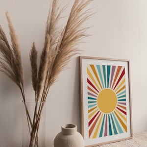 Cartel del sol, impresión retro del resplandor solar, decoración de la habitación independiente, arte de pared de moda imprimible, decoración del vivero boho, impresión abstracta del arte del sol, arte sobre la cama imagen 4