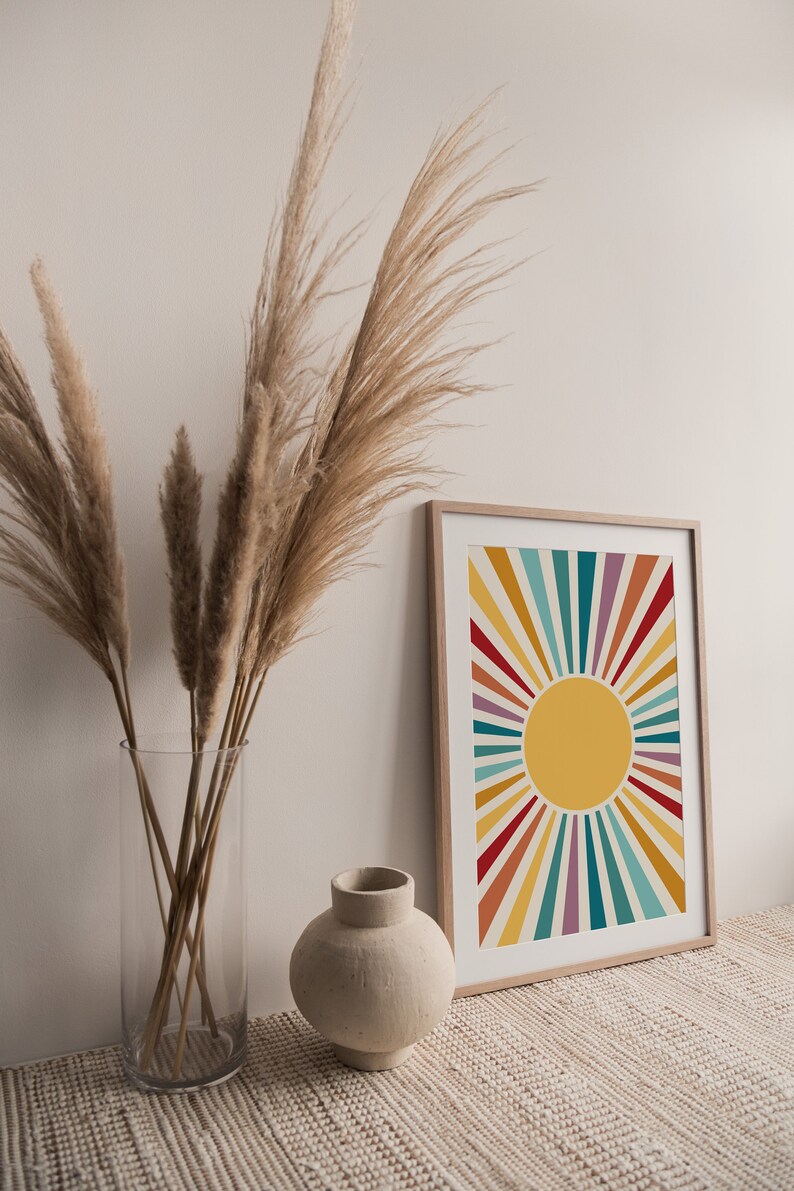 Cartel del sol, impresión retro del resplandor solar, decoración de la habitación independiente, arte de pared de moda imprimible, decoración del vivero boho, impresión abstracta del arte del sol, arte sobre la cama imagen 4