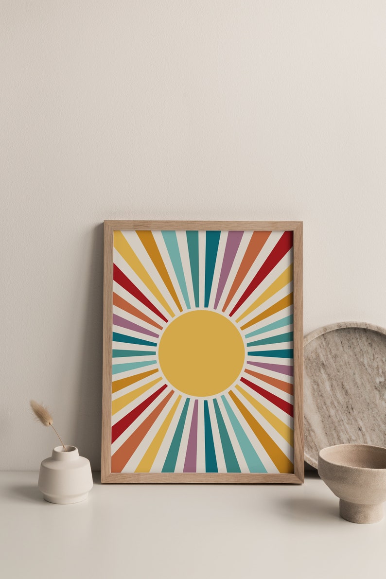 Cartel del sol, impresión retro del resplandor solar, decoración de la habitación independiente, arte de pared de moda imprimible, decoración del vivero boho, impresión abstracta del arte del sol, arte sobre la cama imagen 1