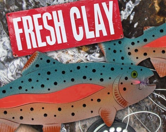 RAINBOW TROUT with Woolly Bugger Fly Clay Wall Art • Fly-fishing • Cabin Decor • Fisherman’s Gift