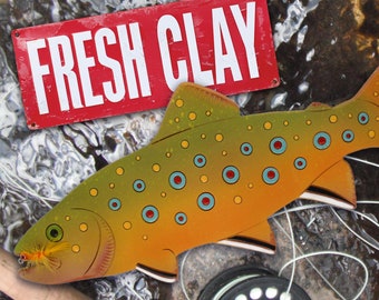 BROOK TROUT with Woolly Bugger Fly Clay Wall Art • Fly-fishing • Cabin Decor • Fisherman’s Gift