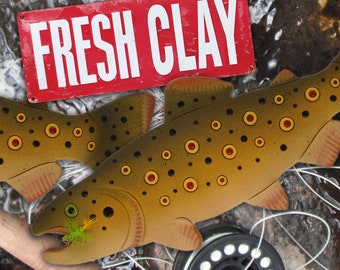 BROWN TROUT with Woolly Bugger Fly Clay Wall Art • Fly-fishing • Fisherman's Gift • Hand Tied Fly