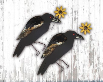 SUNFLOWER CROW Clay Wall Hanging by BarnKat Studio • Black Crow Halloween Decor • Raven Bird Art • Fall Halloween Gift • Ranch House Decor
