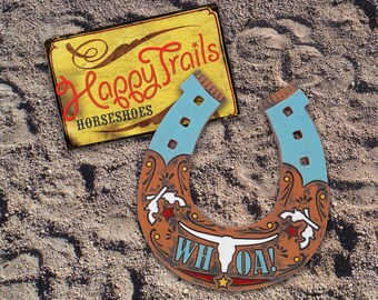 WHOA Horseshoe Clay Wall Hanging • Ranch Decor • Horse Lovers Gift • Cow Skull Western Art • Handmade Ceramic • Cowboy Pistols • Beware Sign