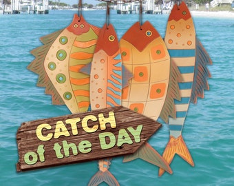 Ocean 4 Fish Stringer Clay Wall Hanging • Handmade from Red Earthenware Clay • Colorful Saltwater Fish • Beach House