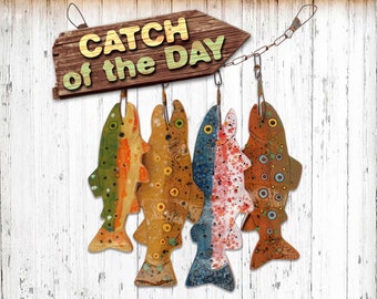 Crystal Trout Stringer Clay Wall Hanging • Clay Fish • Colorful Ceramic Fish • Cabin Decor • Lake House • Rainbow Brown Brookie Cutthroat