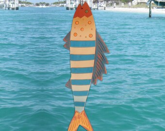 Striped Ocean Fish Clay Wall Hanging • Handmade from Red Earthenware Clay • Colorful Saltwater Fish • Beach House