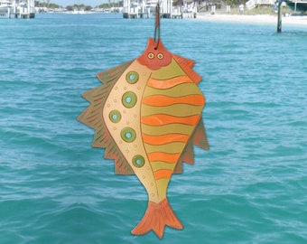 Flounder Fish Clay Wall Hanging • Handmade from Red Earthenware Clay • Colorful Ceramic Fish • Beach House