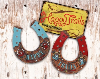 HAPPY TRAILS Clay Horseshoes Wall Decor • Handmade from Red Earthenware Clay • Western Art • Horse Lover • Cowboy