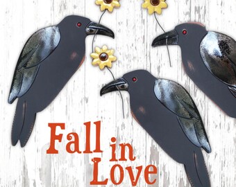 BLACK CROW Clay Wall Art • Fall in Love Small Sunflower Crow •  Halloween Decor • Garden Decor • Raven Ceramic Bird