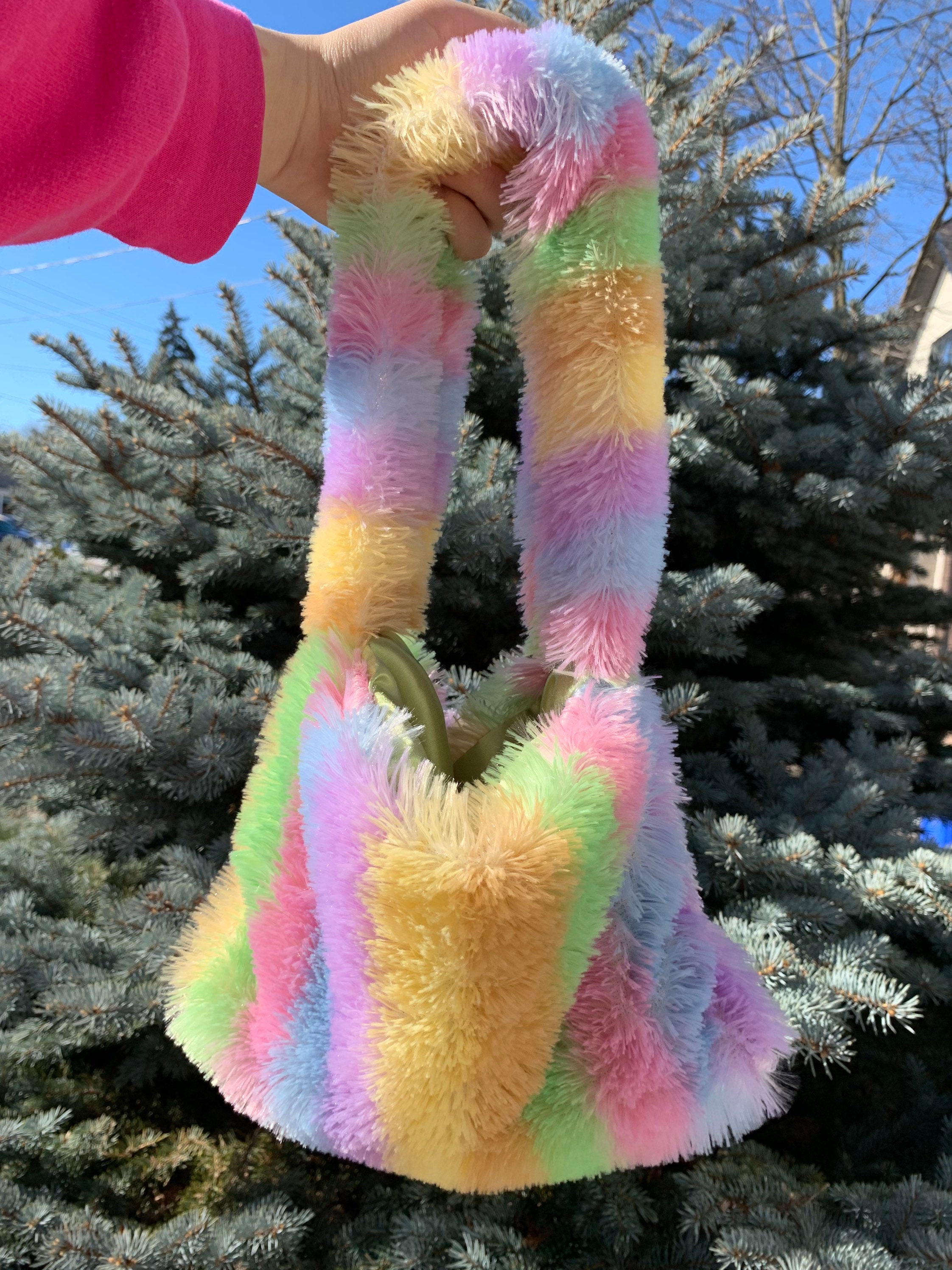 Colourful Striped Fluffy Shoulder Bag Y2K Bag Fluffy Bag Shoulder Bag