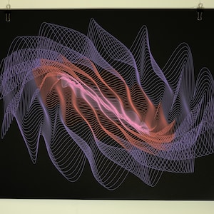 Puede incluir: Lámina de arte abstracto con una composición dinámica de líneas onduladas superpuestas. La obra de arte presenta una mezcla de colores, con tonos morados y anaranjados dominando sobre un fondo negro. Las líneas crean una sensación de movimiento y profundidad.