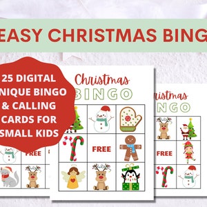 Kleinkind Pre-K Kindergarten Easy Christmas BINGO druckbares Spiel! | 25 Einzigartige BINGO Spielkarten für Schule & Weihnachtsfeier | Sofort Download
