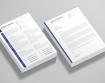 May include: A two-page resume with a blue accent line. The top page is a resume with the name "NANCY VINSON" and the title "GRAPHIC DESIGNER". The bottom page is a cover letter with the name "NANCY VINSON" and the title "GRAPHIC DESIGNER" at the bottom.