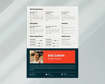 Peut inclure: Un modèle de CV bleu foncé et rouge avec une photo d'une personne. Le CV comprend des sections pour l'expérience professionnelle, l'éducation, les récompenses, les références et les coordonnées. Le nom "Eric Calvin" et le titre "Graphiste" sont affichés dans un encadré rouge.