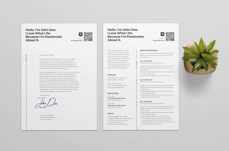 May include: A black and white resume template with a QR code in the top right corner. The resume includes a contact section, work experience, education, and skills. The text "Hello, I'm John Doe, I Love What I Do Because I'm Passionate About It." is at the top of the page.