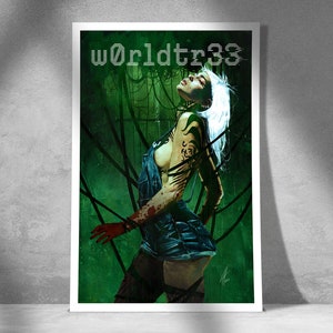 May include: Framed art print depicting a woman with white hair and tattoos, set against a green backdrop with black wires. The text "worldtr33" is at the top. The woman is wearing a denim outfit.