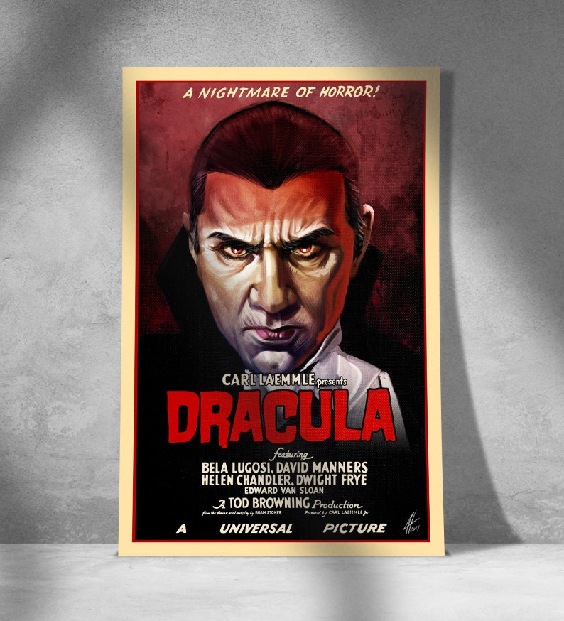 Puede incluir: Un cartel de pel&iacute;cula vintage para la pel&iacute;cula de 1931 "Dr&aacute;cula" con Bela Lugosi como Dr&aacute;cula. El cartel tiene un fondo rojo con un borde blanco y presenta un primer plano de la cara de Dr&aacute;cula con una expresi&oacute;n amenazante.