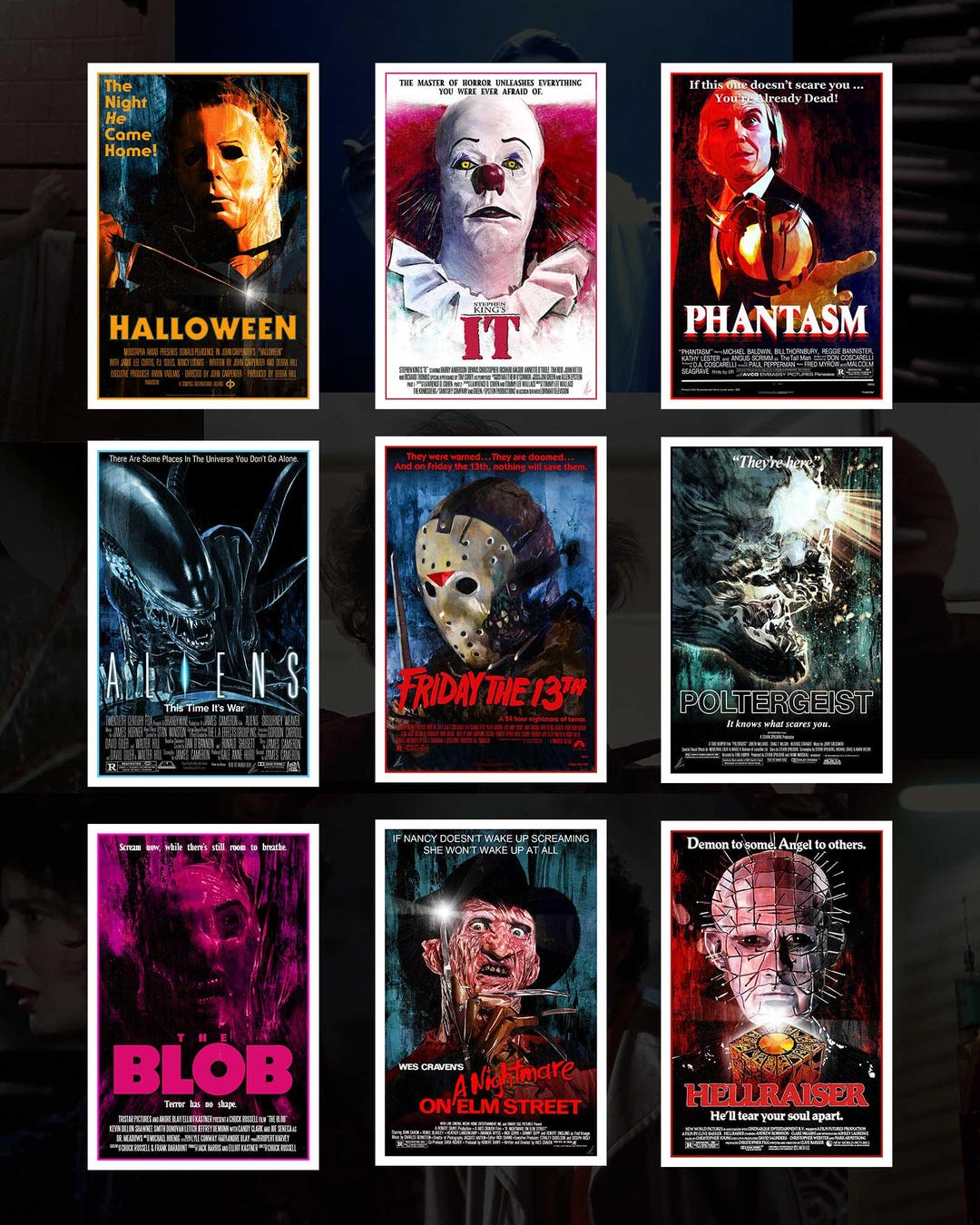 1980年代のホラー映画のアイコンポスター：クラシックな悪役の