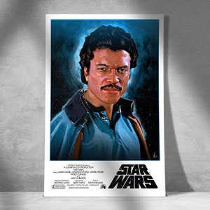 May include: A vintage movie poster for Star Wars featuring a close-up portrait of Lando Calrissian, a character from the film. The poster is blue and black with the title "Star Wars" in white text.