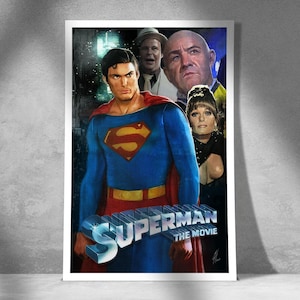 May include: A vintage movie poster for the film "Superman: The Movie". The poster features a close-up of Superman in his iconic red and blue suit, standing in front of a cityscape. The poster also features other characters from the film, including Lex Luthor and Lois Lane.