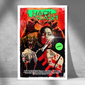 Puede incluir: Un póster de estilo retro para una película de terror llamada "Hack Slash". El póster presenta a una mujer con la cara ensangrentada sosteniendo un cuchillo, una criatura monstruosa con dientes afilados y una criatura blanca similar a un perro con dientes afilados. El póster es rojo, verde y blanco.