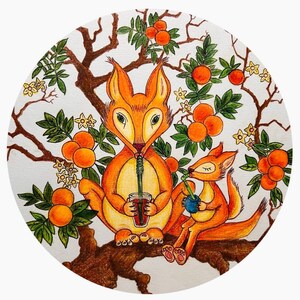 Ronde Print Illustratie Tekening Eekhoorn Moeder Baby Drinken Sap Stro Siciliaanse Oranjebloesem Takken Boom Grillig
