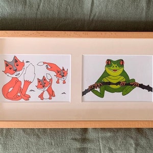 JUEGO DIBUJADO A MANO de 3 DIBUJOS, Baby Nursery Montessori Wall Art, Animal, Ilustración, Rana en la rama, Jugando zorros, Osos en bicicleta