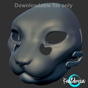 Puede incluir: Un modelo digital gris, liso y tridimensional de una máscara de animal con grandes cuencas oculares, un hocico definido y accesorios laterales con pequeños orificios. El texto 'Downloadable file only' y 'Kaildrein' es visible.