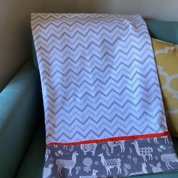 Queen pillowcase 100% cotton flannel 20" x 30" llama pattern with chevron and orange accent strip