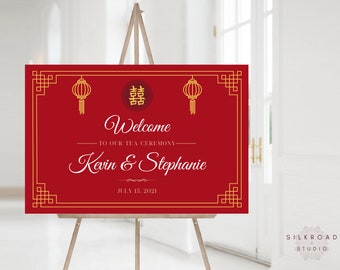 Chinese Tea Ceremony Wedding, Double Happiness Sign, Wedding Welcome Sign, Red Gold Wedding, Tea Ceremony Decoration, Chinese Wedding Sign