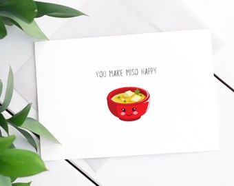 Valentines Day Card, Anniversary Card, Cute Love Card, Food Pun Card, Valentines Card, Funny Love Card, Punny Card, You Make Miso Happy