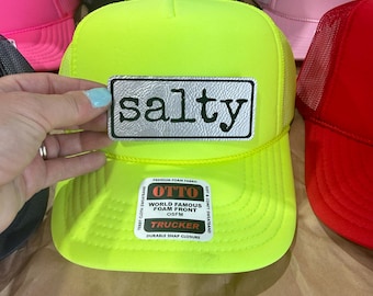 Salty-trucker hat with leather patches-patch hat-bachelorette party hats-vacation hats-girls trip hat