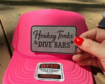 Honkey Tonks & Dive Bars -trucker hat with leather patches-patch hat-bachelorette party hats-vacation hats-girls trip hat